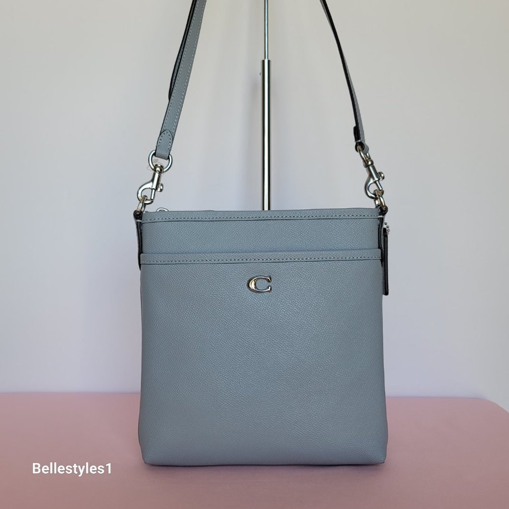 COACH Kitt Crossgrain Leather Messenger Crossbody- Grey Blue color ⭐ - Picture 6 of 16